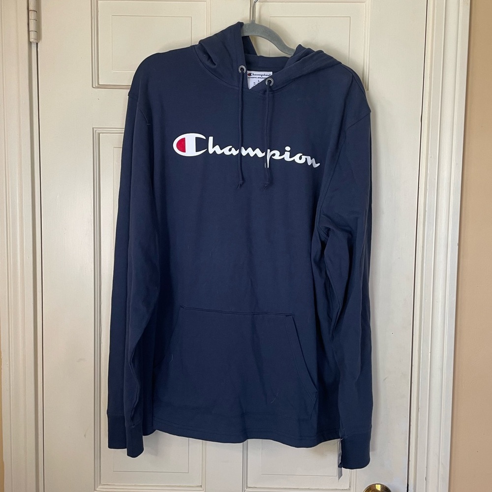 Men's Champion Heavyweight Jersey Long Sleeve Hooded Shirt Size Large Navy New